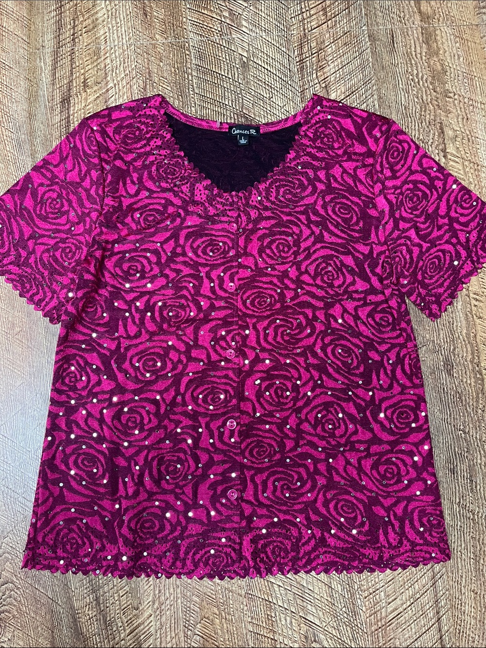 Women's Hot Pink Rose Lace and sequin Top